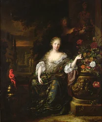 Mulher, sentando, parque, 1688